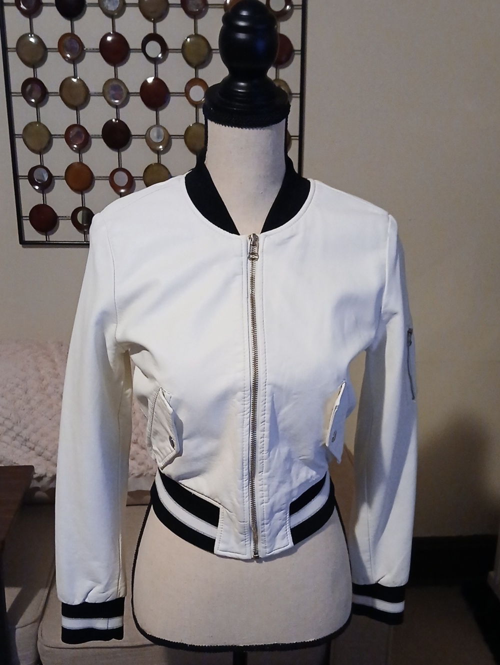 New Look White Bomber Jacket with Black Ribbed Trim